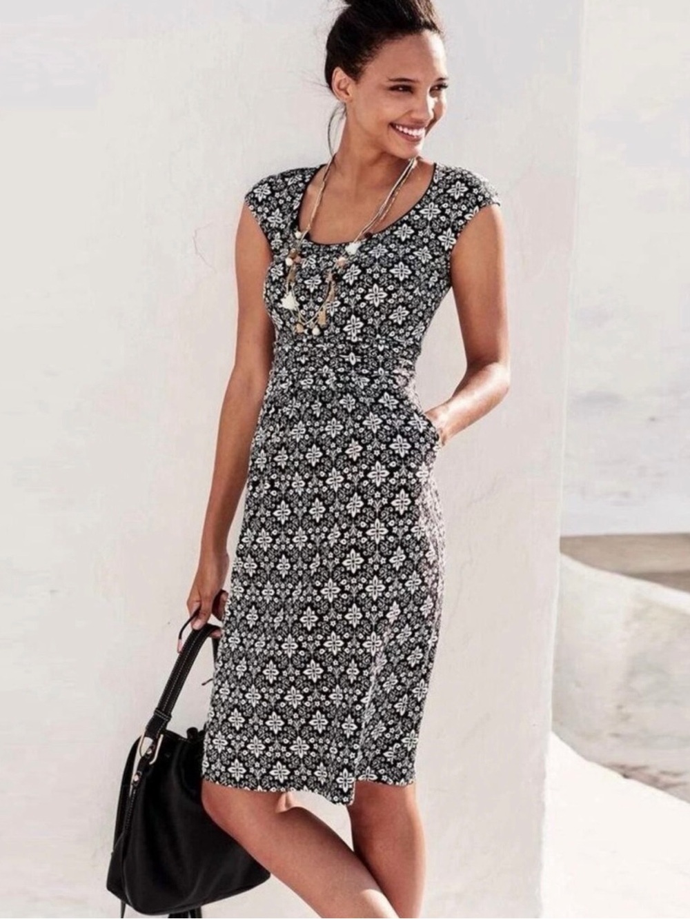 BODEN Margot Cap Sleeve Jersey Dress Stretch Black and White Tile UK 8L / US 4L